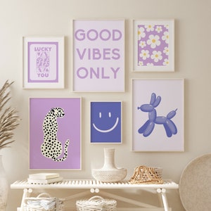 Purple Preppy Aesthetic Gallery Wall Prints Set, Trendy Retro Wall Art, Collage Dorm Room Decor, Funky y2k Poster aesthetic Floral Art Smile