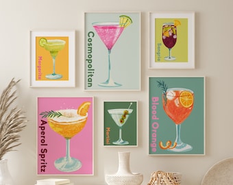 Cocktail Print Set of 6, Alcohol Prints, Colorful Bar Cart Gallery Wall Set, Bar Cart Accessories, Bar Wall Art Poster, Drinks Wall Decor