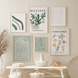 Sage Green Gallery Set of 6 Matisse Print, Modern Wall Decor, Boho Floral Wall Decor, Minimal Living Room Decor, Trendy Exhibition Poster