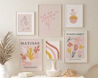 Lichtroze galerijset van 6 Matisse-print, modern neutraal decor, boho bloemen muurdecoratie, minimalistisch woonkamerdecor, trendy tentoonstellingsposter