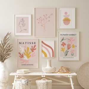 Juego de 6 impresiones de Matisse en rosa claro, decoración neutra moderna, decoración de pared floral bohemia, decoración minimalista para sala de estar, póster de exposición de moda