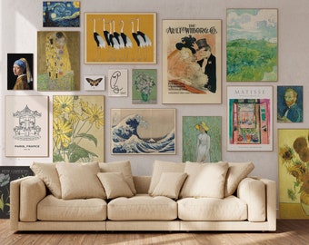 Eclectic Gallery Wall Set of 17, Maximalist Wall Art, Vintage Print Set, Gustav Klimt, Van Gogh, Flowers, Yellow & Blue Tones, Wall decor