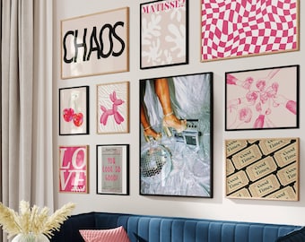 Preppy Aesthetic Gallery Set of 10 Prints, Teenage Girl Room Decor, Retro Preppy Colorful Pink Wall Art, Maximalist Eclectic Dorm Room Art
