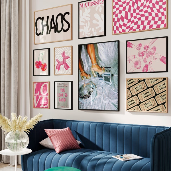 Preppy esthetische galerij set van 10 prints, tienermeisje kamer decor, retro preppy kleurrijke roze muur kunst, maximalistische eclectische slaapzaal kunst