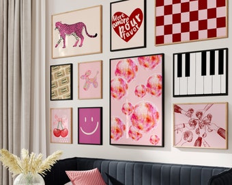 Conjunto rosa y rojo de 10 colores vibrantes imprimibles, conjunto de pared de galería ecléctica, decoración de habitación para adolescentes, decoración de habitación estética con estampados preppy