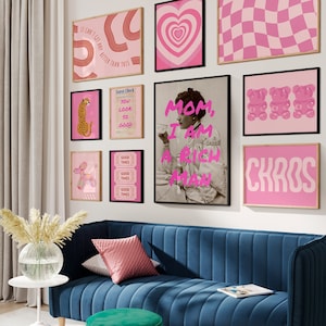 Preppy Aesthetic Gallery Set of 10 Prints, Teenage Girl Room Decor, College Colorful Pink Wall Art Eclectic Dorm Room Maximalist Girly Indie