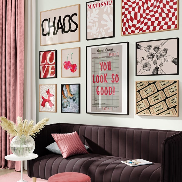 Preppy esthetische galerij set van 10 prints, tienermeisje kamer decor, retro preppy kleurrijke rode muur kunst, maximalistische eclectische slaapzaal kunst