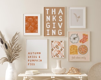 Decoración de Acción de Gracias, 6 impresiones de pared de Acción de Gracias, decoración de otoño para el hogar, impresiones modernas de Acción de Gracias, impresión de calabaza, linda decoración de otoño