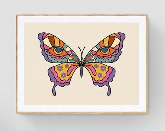 Colorful Butterfly Wall Art, Butterfly Print, Printable Wall Art, Retro Print, Retro Wall Art, 70's home decor, 70's wall art, 70's print