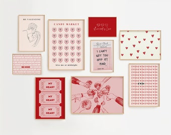 Lot de 20 imprimés, décoration de fête pour la Saint-Valentin, décoration murale romantique rétro pour la Saint-Valentin, lot de téléchargements numériques d'impressions roses et rouges mignons