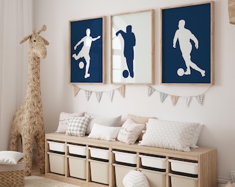 Blue set of 3 Soccer or Football Wall Art Prints Minimalist, Soccer Prints Boys Bedroom Decor, Kids Bedroom Football Decor Soccer player art