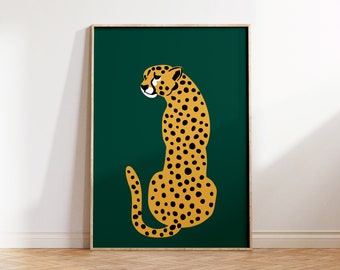 Cheetah Green Wall Art,Leopard Wall Art,Feline Print,Tiger Illustration,Printable Wall Art,Green Orange Art Print,Big Cat Print,Animal Print