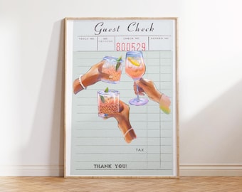 Blue Cheers Guest Check Print Bar Cart Poster Trendy Kitchen Art Alcohol Poster Retro Guest Check Print Preppy Cocktail Print Funky