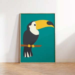 Arte de pared imprimible tucán, cartel de la selva verde, arte moderno de la pared, arte de aves, decoración de moda Tropical Summer Beach decoración de la casa dormitorio