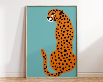 Cheetah Print, light blue Leopard Art Print, Boho Home Decor, light blue Wall Art, Jungle Poster, Minimal Cheetah Art, Boho Animal Artwork