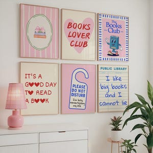 Trendy Book Lover Wall Art Set of 6, Cute Book Club Decor, Book Lover Gift, Bookish Wall Art, cozy reading corner, Literary Reading Quote