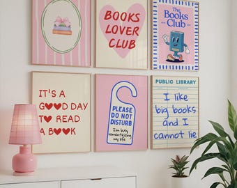 Trendy Book Lover Wall Art Set of 6, Cute Book Club Decor, Book Lover Gift, Bookish Wall Art, cozy reading corner, Literary Reading Quote