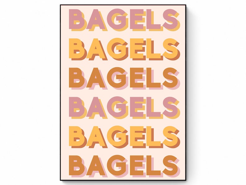 Puede incluir: Una impresi&oacute;n gr&aacute;fica rosa y amarilla con la palabra "Bagels" repetida seis veces en una pila vertical.