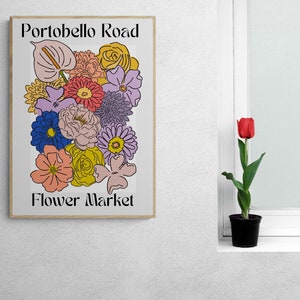 Portobello Road Flower Market Print Colorful Retro Art, Groovy Floral, 1970s 1960s, Bright Bold, Hippie Flowers, London, On Trend Poster image 3