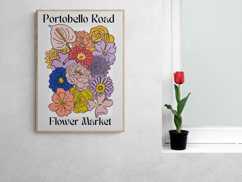Portobello Road Flower Market Print Colorful Retro Art, Groovy Floral, 1970s 1960s, Bright Bold, Hippie Flowers, London, On Trend Poster image 3