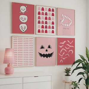 Pink Halloween Decor Set Of 8 Printables, Pink Witchy Decor, Boho Halloween Wall Art, Feminine Spooky Print, Witchy Wall Decor Pop Art Retro