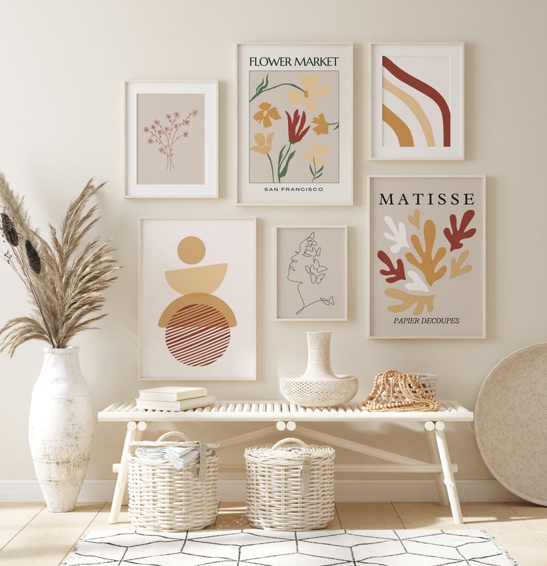 Red and Beige Gallery Set of 6 Matisse Print, Modern Wall Decor, Boho Floral Wall Decor, Minimal Living Room Decor, Trendy Exhibition Poster image 1