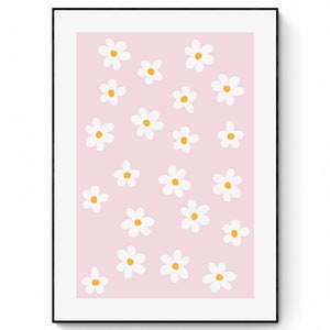 May include: A pink background with a repeating pattern of white daisies with yellow centres.