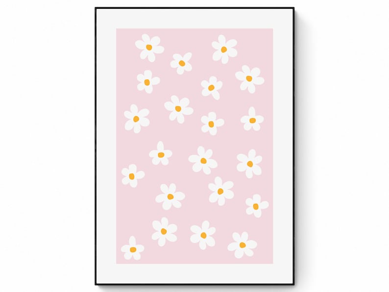 May include: A pink background with a repeating pattern of white daisies with yellow centres.