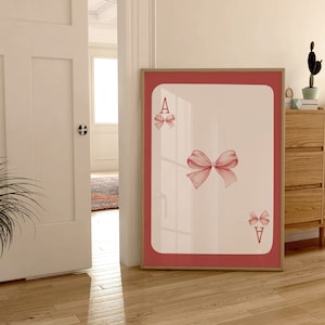 Arte da parete con fiocco rosa alla moda, stampa di carte Ace, poster preppy, arredamento dell'appartamento universitario, stampa con fiocco ad acquerello, arredamento della camera Coquette, arte della parete per ragazze