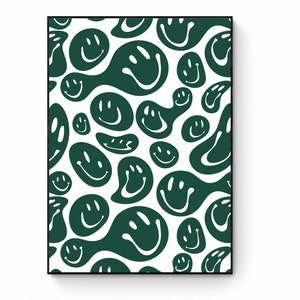 emerald green Retro Wall Print, Drip Smile Face, Groovy Digital Art, Vintage Inspired Poster, Melting Smile Faces, Warped Art, Y2k poster