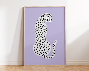 Purple cheetah art, boho wild cat illustration Black & White Leopard Wall Art, Feline Print Tiger Illustration Animal Print Jungle Art Print