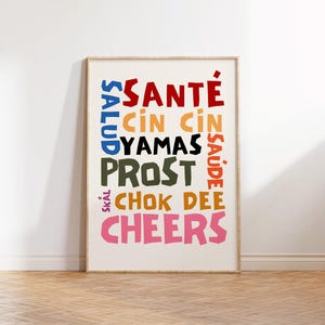 Kleurrijke retro keuken disco print, Cheers Salud Cin Cin funky barwagen kunst, vintage happy hour, handgetekende bar decor, funky barwagen poster