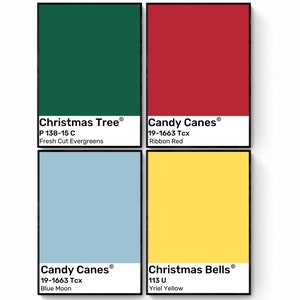 May include: Four color swatches with names and color codes. The swatches are Christmas Tree, Candy Canes, Candy Canes, and Christmas Bells. The colors are green, red, blue, and yellow.