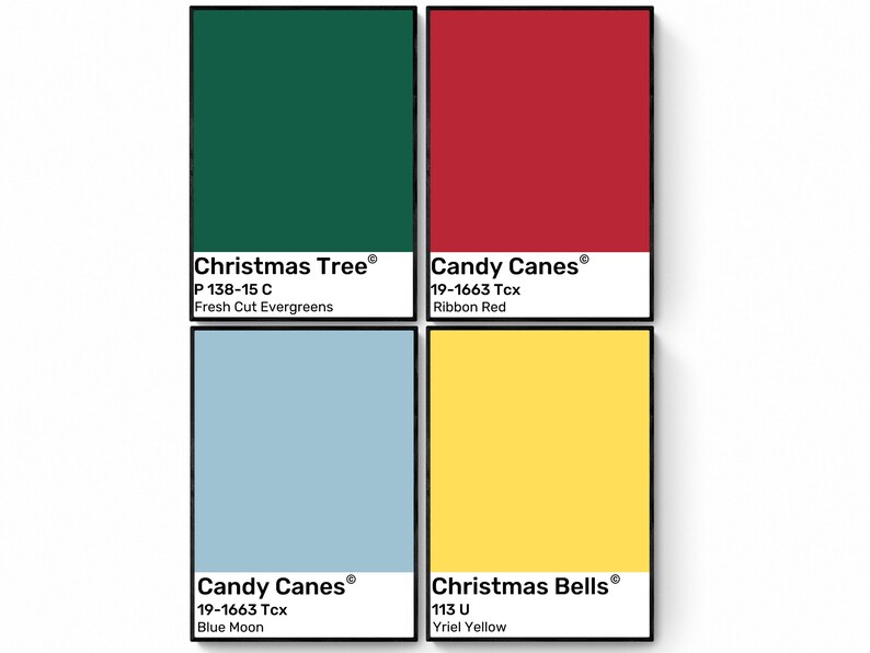May include: Four color swatches with names and color codes. The swatches are Christmas Tree, Candy Canes, Candy Canes, and Christmas Bells. The colors are green, red, blue, and yellow.
