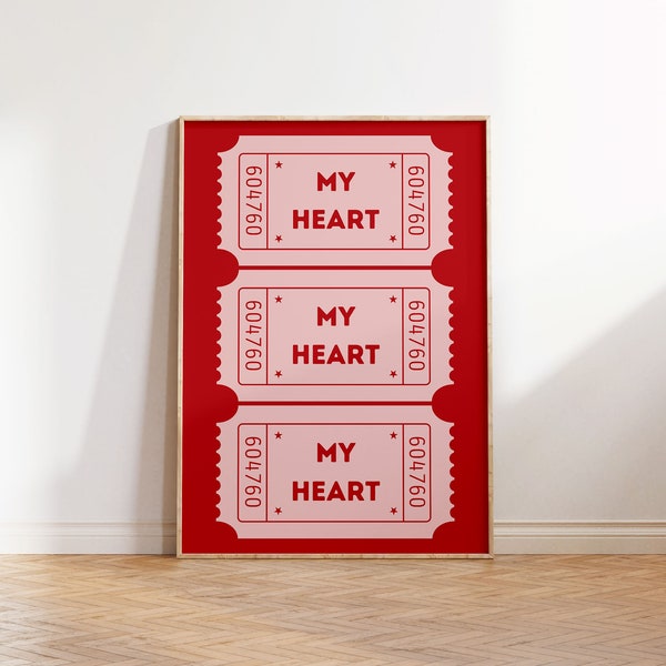 My Heart ticket print, pink and red wall art, Romantic Wall Art, Girly Valentines Home Decor, Trendy College Dorm Apartment Decor Y2k