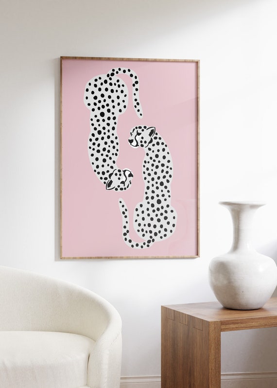 Pink cheetah art, boho wild cat illustration, Black & White Leopard Wall Art, Feline Print Tiger Illustration Animal Print Jungle Art Print