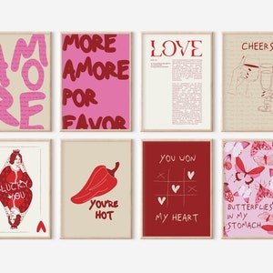 girly wall art Set Of 8 Printables, preppy wall art, Valentines Day Decor, trendy Retro Romantic Gallery Wall, Cute Pink Red Prints Bundle