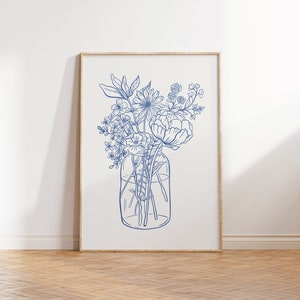 Impresión botánica de flores azules, arte mural floral de ramo de flores, impresiones modernas de dibujos de líneas finas, impresión de mercado de flores, póster de estética boho