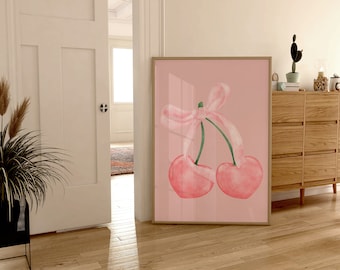 Coquette Pink Bow Printable Art, Coquette Cherry Wall Art, Feminine Poster, Soft Girl Bedroom Decor, Trendy Preppy College Apartment Print