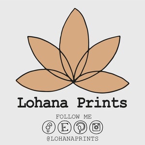Pode incluir: Um logotipo para Lohana Prints que apresenta uma flor de l&oacute;tus estilizada de cor marrom com contornos pretos. O texto "Lohana Prints" est&aacute; abaixo da flor, e o texto "FOLLOW ME" est&aacute; abaixo desse. Os &iacute;cones de m&iacute;dia social para Facebook, Etsy, Pinterest e Instagram est&atilde;o abaixo do texto.