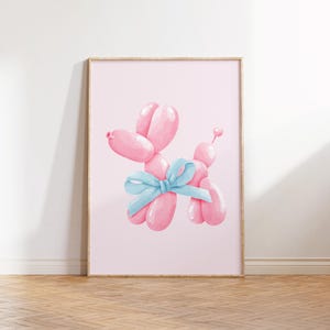 Blue Coquette Pink balloon dog printable wall art, Bow preppy bedroom decor teens, posters for dorm room, college apartment art Trendy Disco