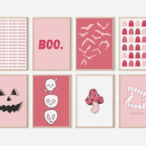 Pink Halloween Decor Set Of 8 Printables, Pink Witchy Decor, Boho Halloween Wall Art, Feminine Spooky Print, Witchy Wall Decor Pop Art Retro