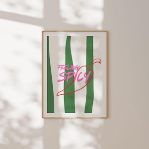 Kolorowy nadruk kuchenny Feeling Spicy, kolorowa sztuka ścienna do jadalni, plakat Funky Foodie, ręcznie rysowany wystrój pokoju w akademiku, plakat do gotowania retro