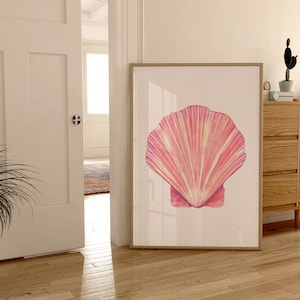 Modny plakat z muszlą morską, nadruk nadmorski, dom na plaży, plażowy surf, retro, szykowny, wystrój akademika, styl vintage, dziewczęcy, maksymalistyczny wystrój wózka barowego