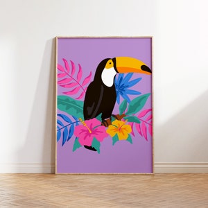 Arte de pared imprimible de tucán floral, cartel de la selva púrpura, arte de pared moderno, arte de aves, decoración de moda Tropical Summer Beach casa decoración droom room