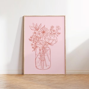 Impresión botánica de flores rosas y rojas, arte de pared floral con ramo de flores, impresiones de dibujos de líneas finas modernas, póster de estética boho del mercado de flores