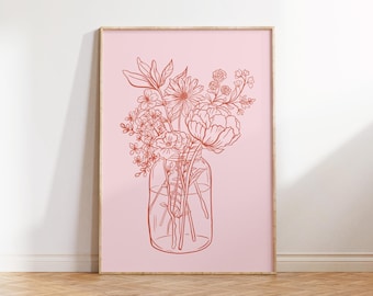 Pink and Red Flower Botanical Print, flower bouquet Floral Wall Art, Modern Fine Line Drawing Prints Flower Market bohemian aesthetic poster