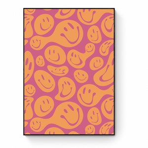 Pink & Orange Retro Wall Print, Drip Smile Face, Groovy Digital Art, Vintage Inspired Poster, Melting Smile Faces, Warped Art, Y2k poster