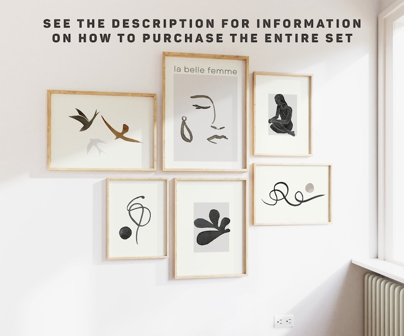 Op de afbeelding: Een verzameling van zes ingelijste kunstdrukken met minimalistische ontwerpen. De prints tonen abstracte vormen, lijntekeningen en een silhouet van een vrouw. De tekst "la belle femme" is zichtbaar op &eacute;&eacute;n print. De tekst "SEE THE DESCRIPTION FOR INFORMATION ON HOW TO PURCHASE THE ENTIRE SET" is ook zichtbaar.