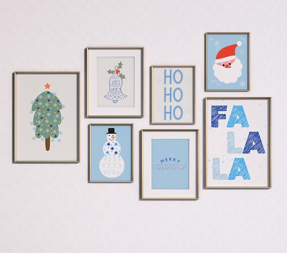 Blue Christmas Set of 7 Printables, Christmas Printable Wall Art, Merry Christmas Print, Christmas Wall Art, Xmas Wall Art Set Christmas Art